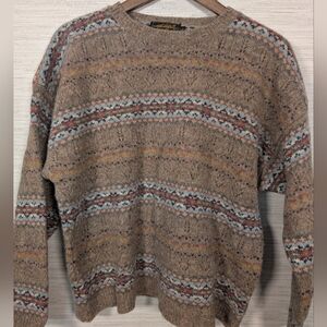 Vintage Eddie Bauer 100% Wool Fair Isle Sweater 90's Brown Blue Res Large